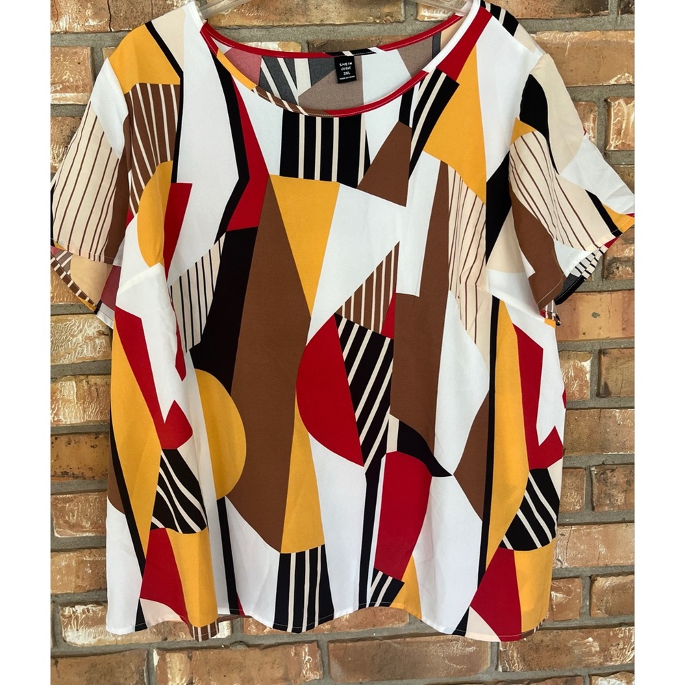 Shein Curve Women’s Multicolored Geo Print Short Sleeve Blouse Size 3X